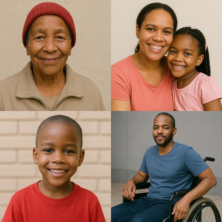 SASSA Grant: people representing different grant categories (e.g., elderly, parents, children, disabled individuals).