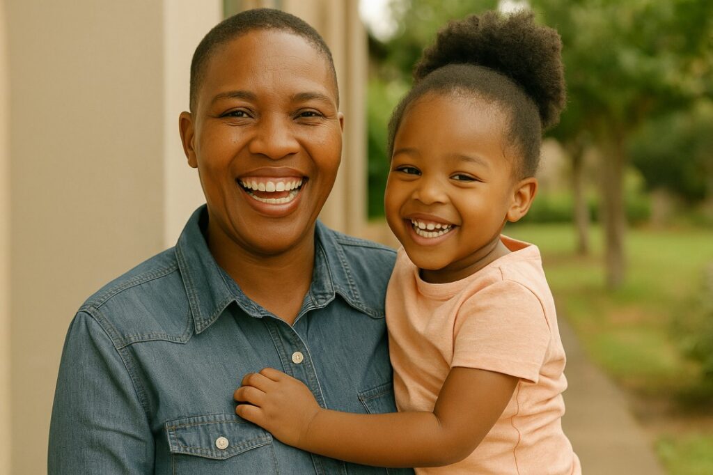 Child Support Grant: A happy South African caregiver with a child