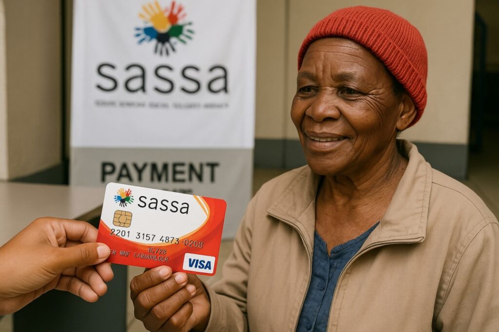 SASSA Grant: A photo of a person receiving a SASSA grant (e.g., at a payment point, with a SASSA card)