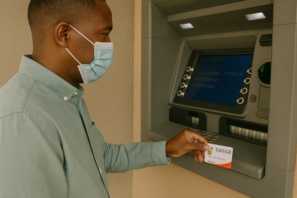 child support grant: A photo of a person using a SASSA card at an ATM or retail till point
