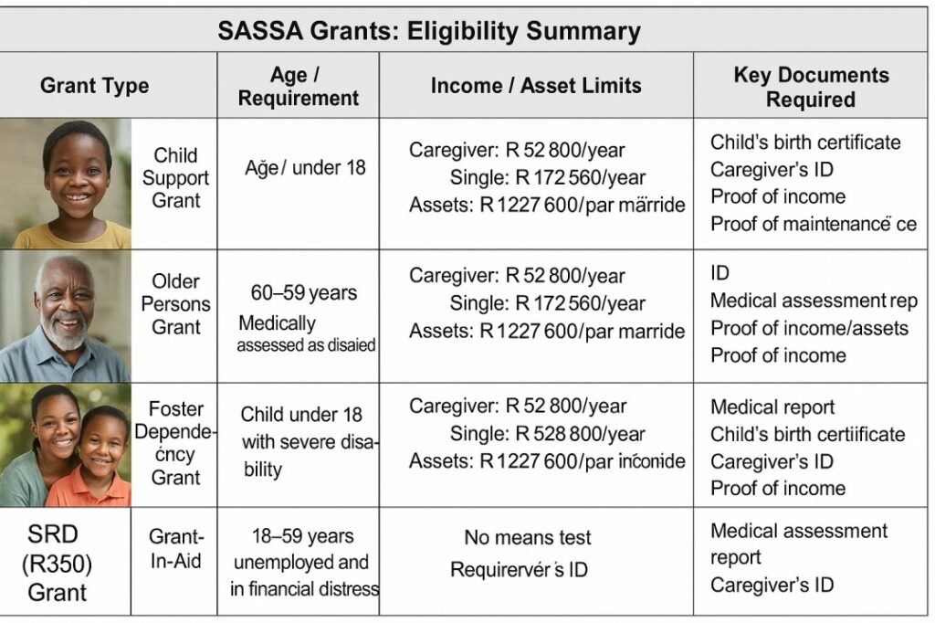SASSA beneficiaries including a child, an elderly man, and a person with a disability representing different social grant categories in South Africa