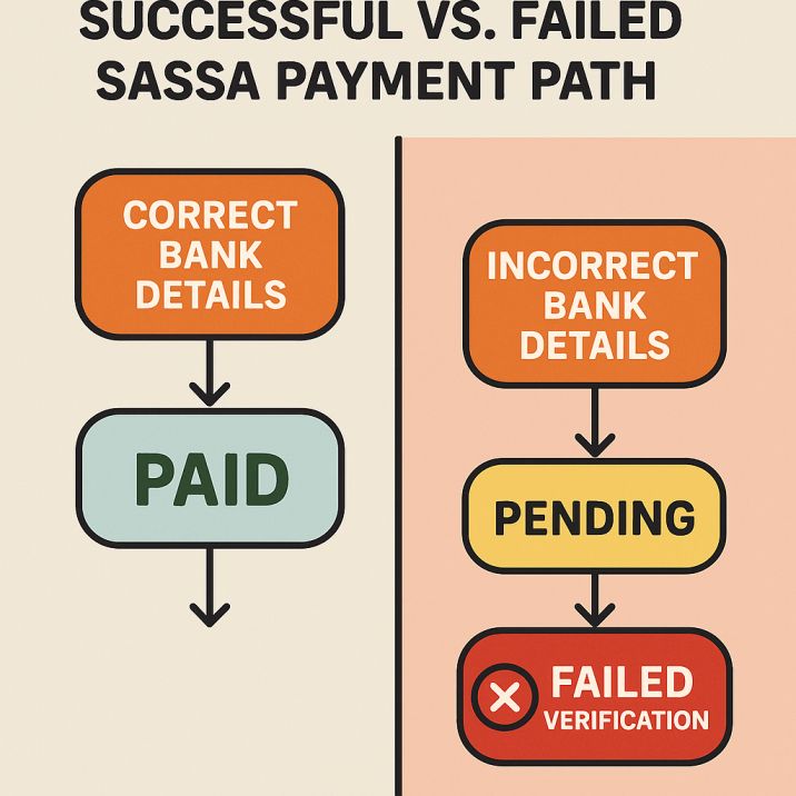 SASSA Status Check Banking Details: Infographic showing a successful vs. failed SASSA payment path
