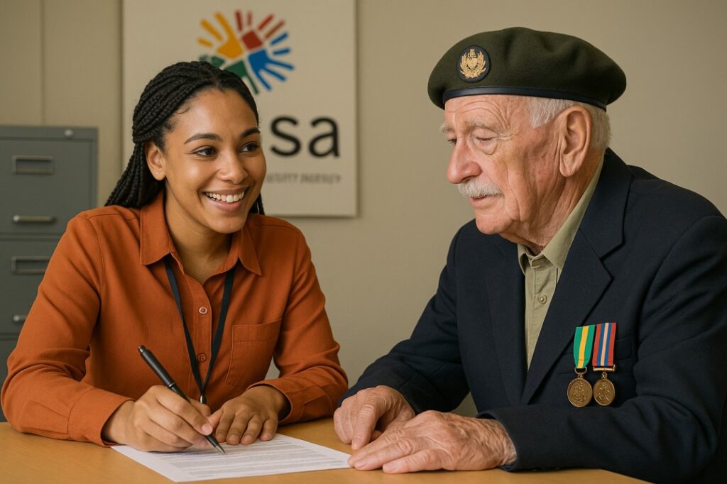 war veteran grant SASSA consultant helping an elderly veteran with paperwork