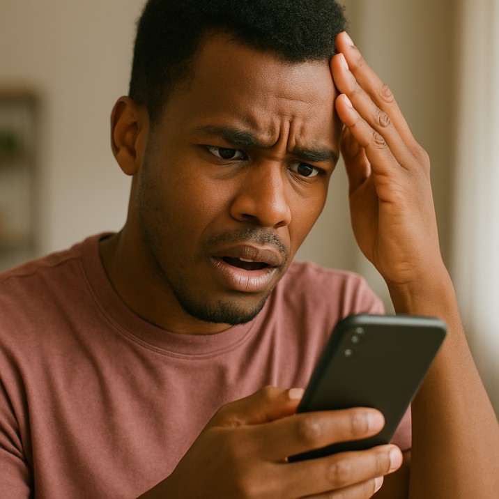 Confused man checking his SASSA payment status on a mobile banking app