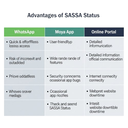 SASSA Status Check on WhatsApp: Comparison chart of different SASSA status check methods (WhatsApp, Moya App, online portal)