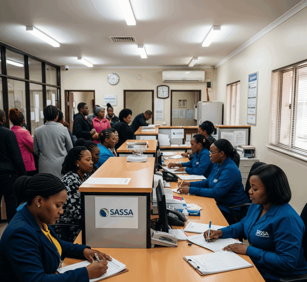 SASSA Payment Date: SASSA office with people getting help.