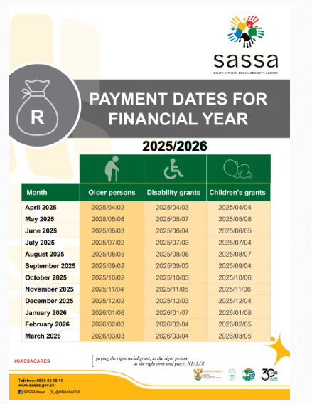 SASSA Payment Dates: PAYMENT DATES FOR 2025-2026 FINANCIAL YEAR