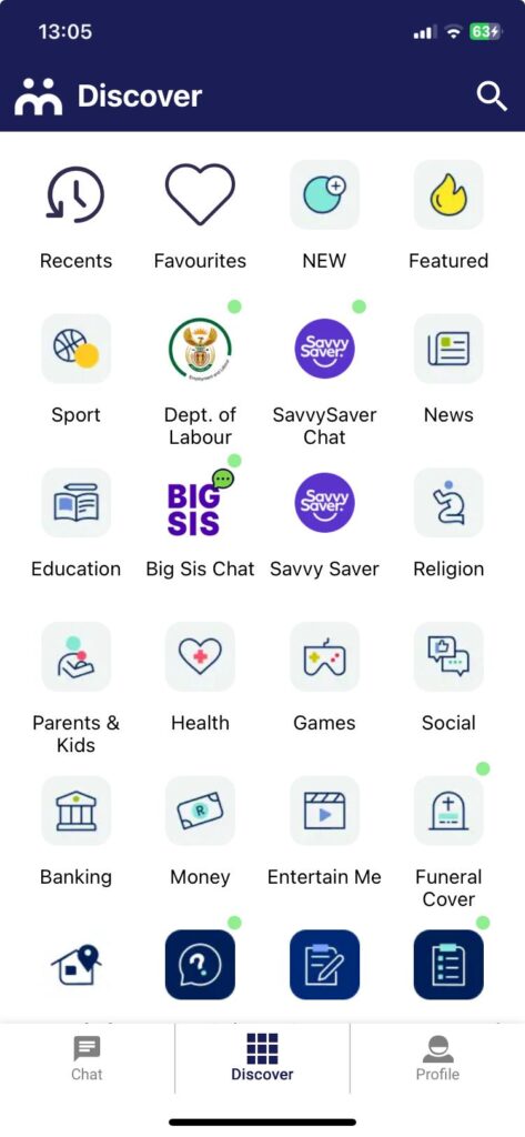 moya app SASSA 350: Moya App home screen highlighting the “Discover” section