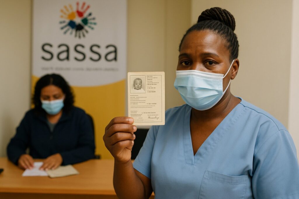 Child Support Grant: Photo of a caregiver holding an ID or birth certificate at a SASSA office
