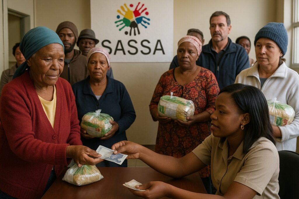 Social Relief of Distress: Photo of people receiving food parcels or cash assistance at a local SASSA office