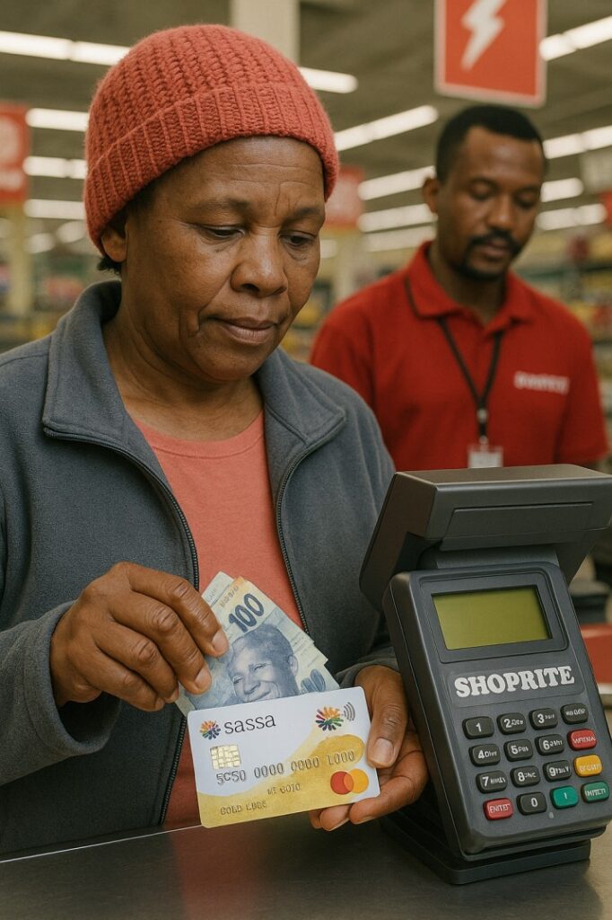 Person withdrawing money with their SASSA Gold Card at a Shoprite or Boxer till.