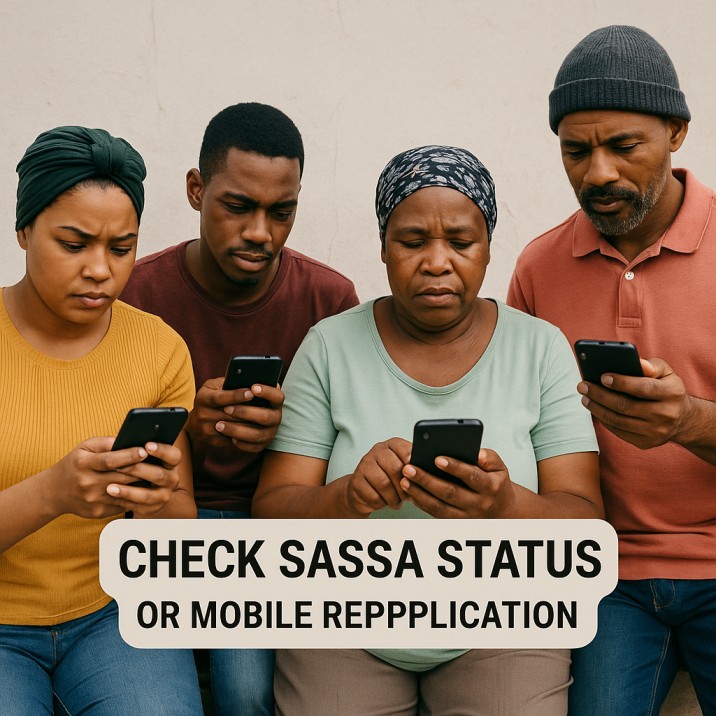 People checking their SASSA status or mobile reapplication process. SASSA reapplication