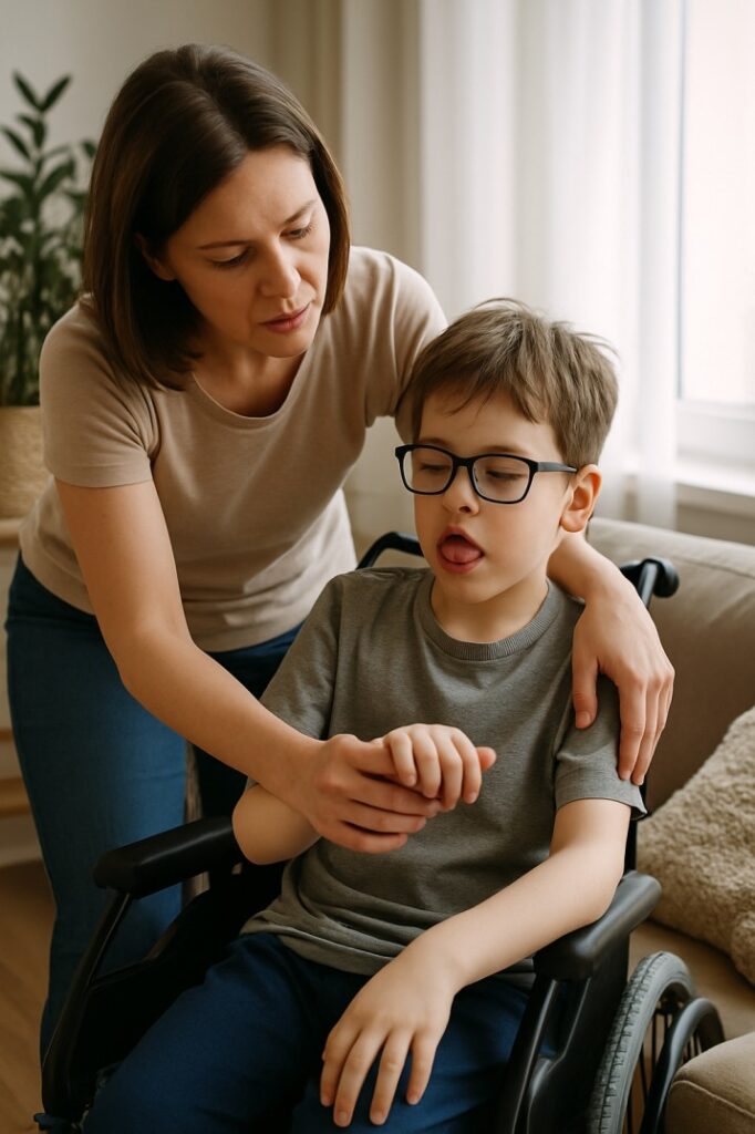 Care dependency grant: caregiver helping child with disability at home