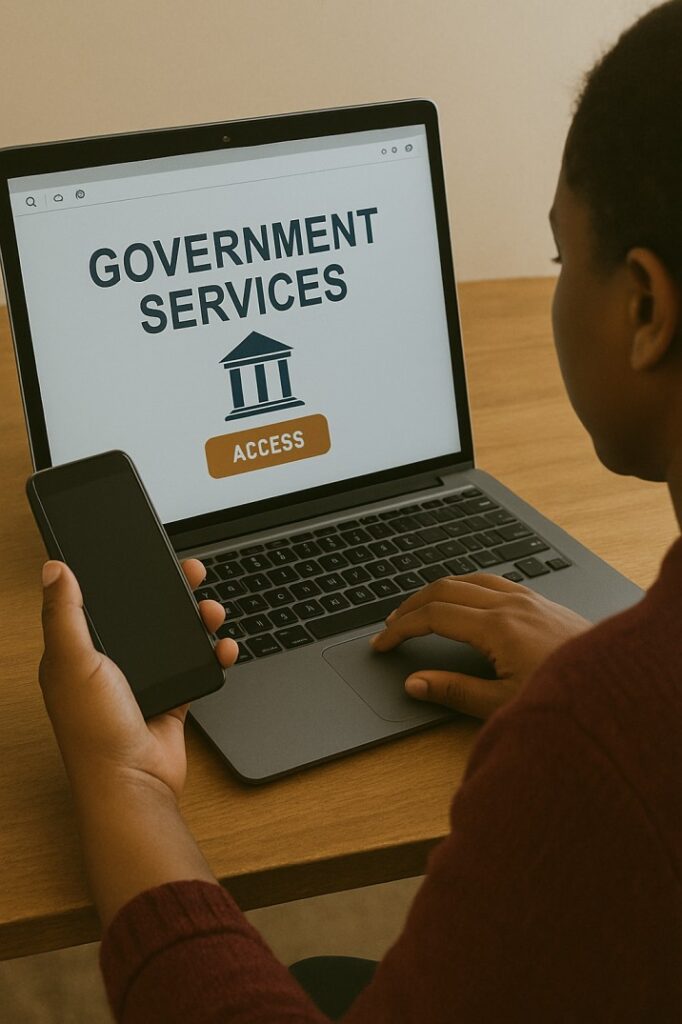 Person trying to access government services on a laptop or mobile phone.