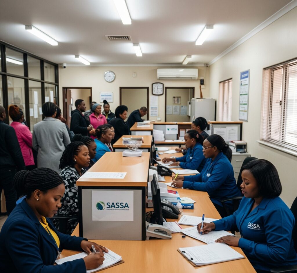  A SASSA office with people waiting or applying at the help desk