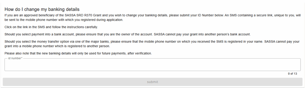 srd sassa gov za banking details Screenshot of srd.sassa.gov.za Banking Details Update Section