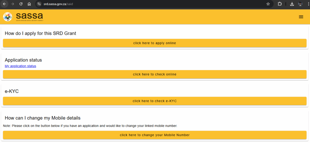 SASSA SRD homepage (with URL visible)