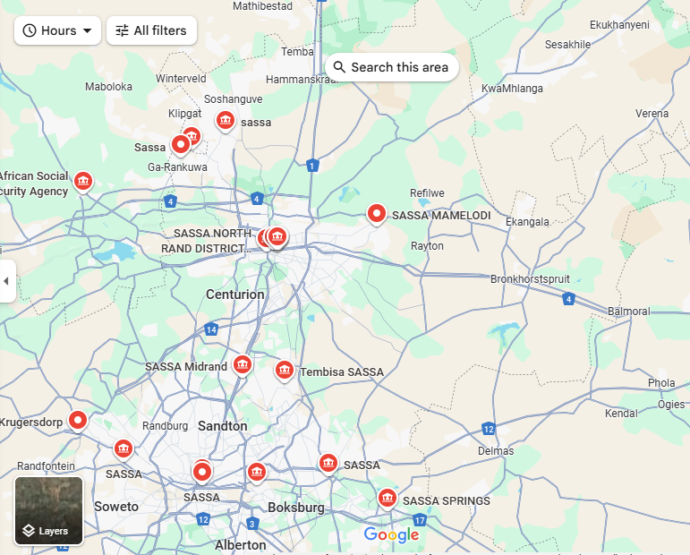 Map showing nearby Gauteng SASSA offices