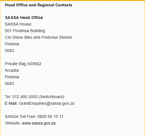 SASSA contact details phone screen showing the number saved as “SASSA Helpline”