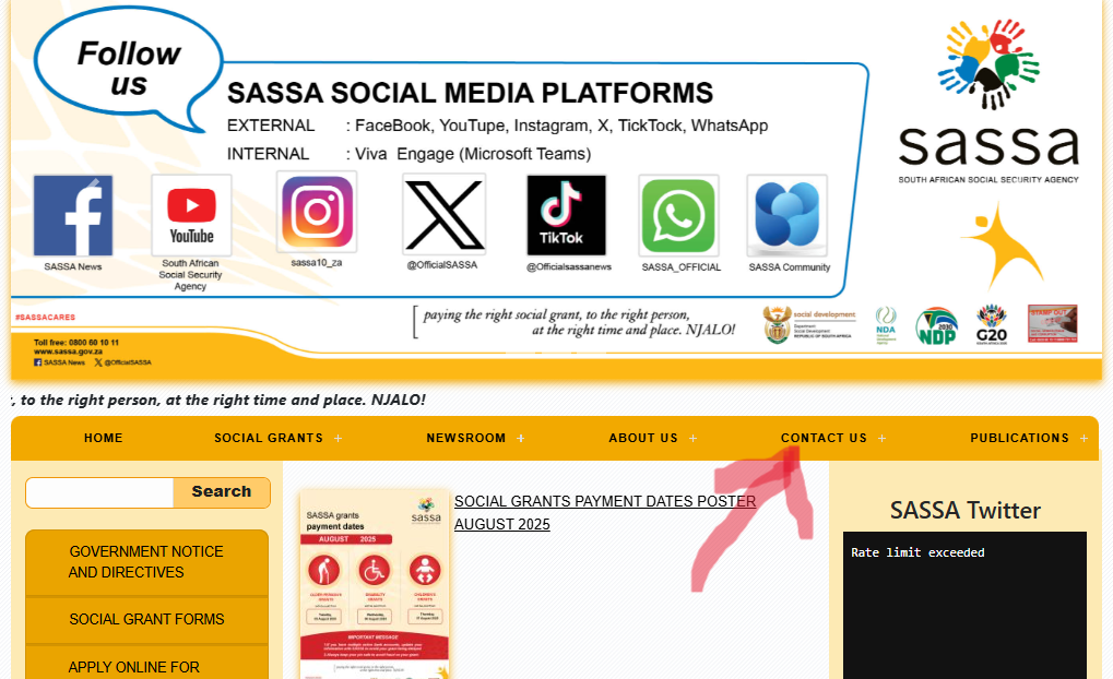 official SASSA homepage highlighting the “Contact Us” section